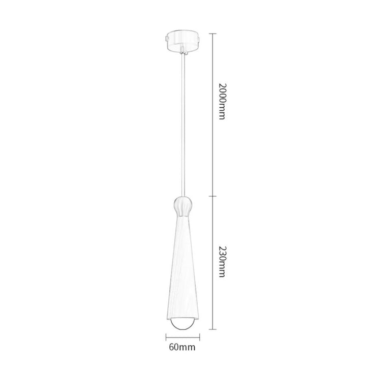 Schéma des dimensions de la suspension conique en bois et laiton, haute de 23 cm avec câble de 200 cm