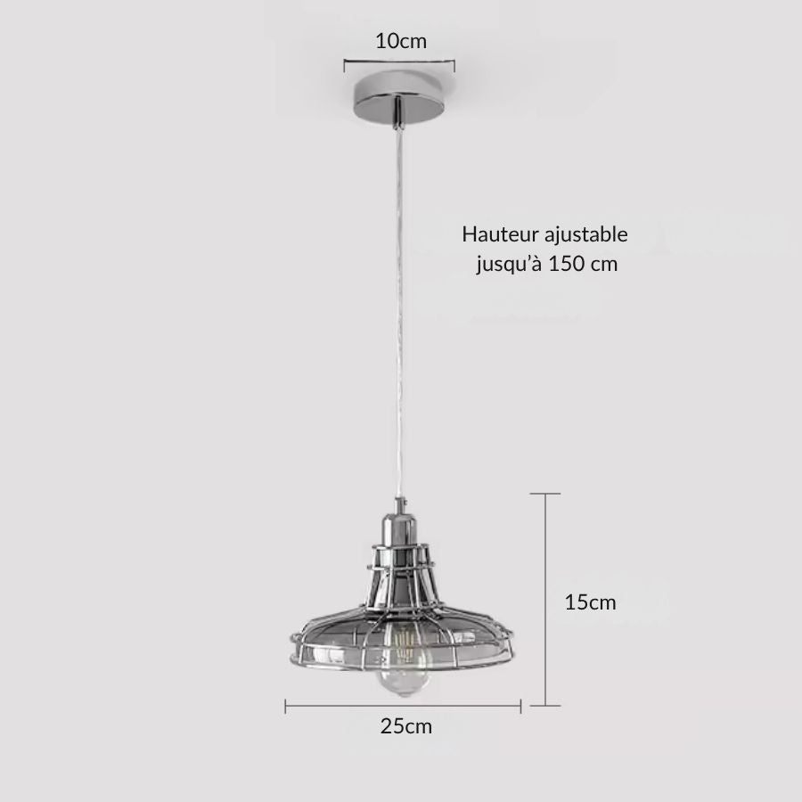 Dimensions d’une suspension industrielle chromée de 25 cm avec câble ajustable jusqu’à 150 cm et abat-jour en verre