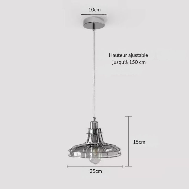 Dimensions d’une suspension industrielle chromée de 25 cm avec câble ajustable jusqu’à 150 cm et abat-jour en verre