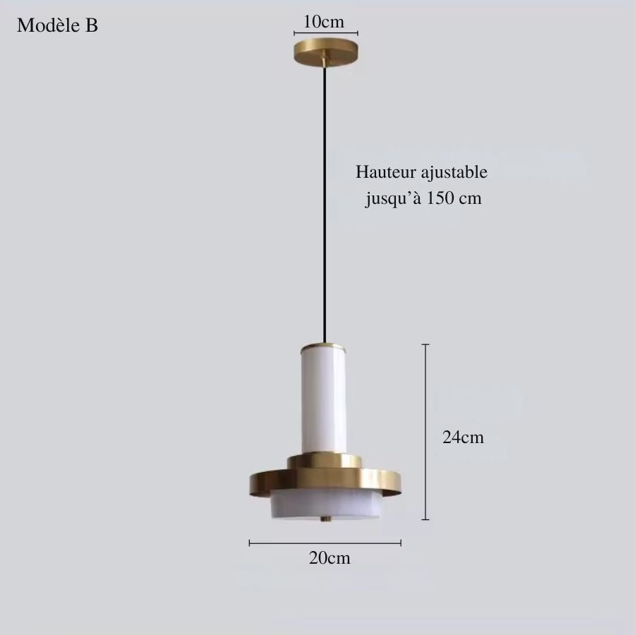 Version blanche et dorée de la suspension colonne à disque, 20 cm de large avec hauteur réglable jusqu’à 150 cm