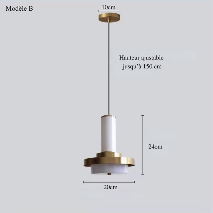 Version blanche et dorée de la suspension colonne à disque, 20 cm de large avec hauteur réglable jusqu’à 150 cm