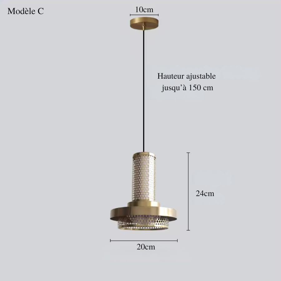 Suspension colonne ajourée en métal doré avec disque de 20 cm, hauteur de 24 cm et câble ajustable à 150 cm