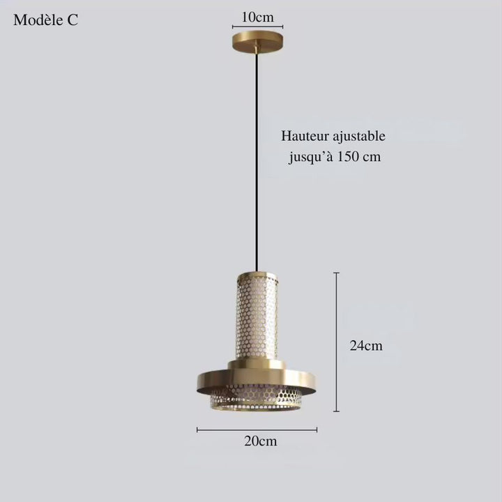 Suspension colonne ajourée en métal doré avec disque de 20 cm, hauteur de 24 cm et câble ajustable à 150 cm