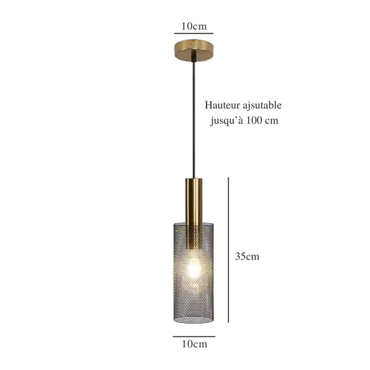 Dimensions de la suspension cylindrique en métal ajouré doré, 35 cm de haut avec câble ajustable jusqu’à 100 cm