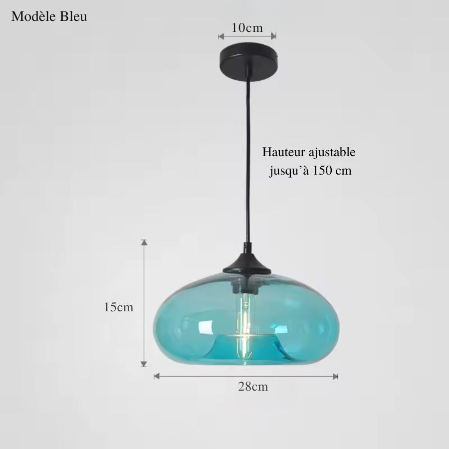 Teinte bleu turquoise pour cette suspension dôme en verre au design rétro, coloré et contemporain de 28 cm