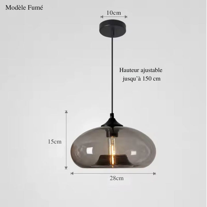 Modèle fumé de la suspension dôme en verre, 28 cm de diamètre et câble ajustable jusqu’à 150 cm