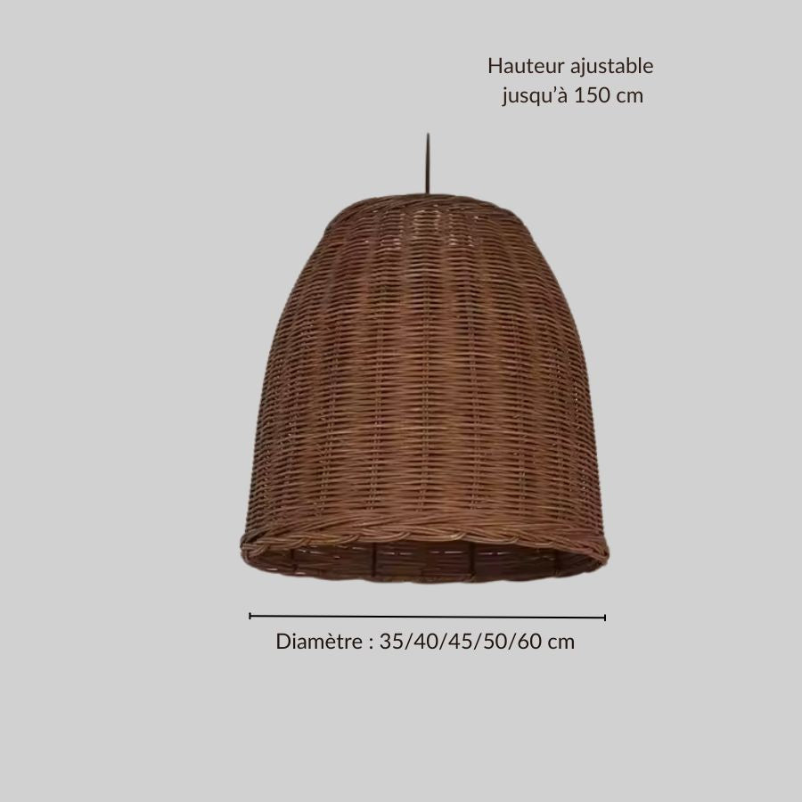 Dimensions de la suspension en osier tressé forme cloche, disponible de 35 à 60 cm avec hauteur ajustable