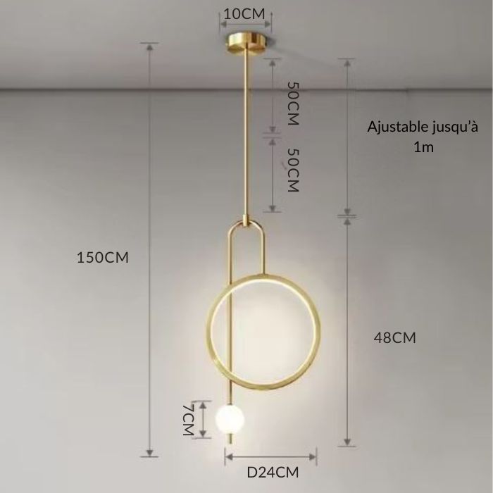 Dimensions et spécifications techniques de la suspension filaire dorée ajustable jusqu'à 1 mètre.