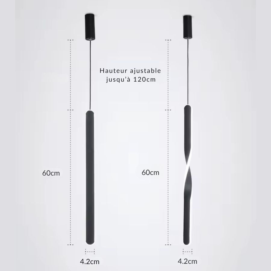 Dimensions des versions droite et torsadée du luminaire noir : 60 cm de long et hauteur réglable jusqu’à 120 cm