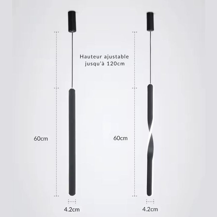 Dimensions des versions droite et torsadée du luminaire noir : 60 cm de long et hauteur réglable jusqu’à 120 cm