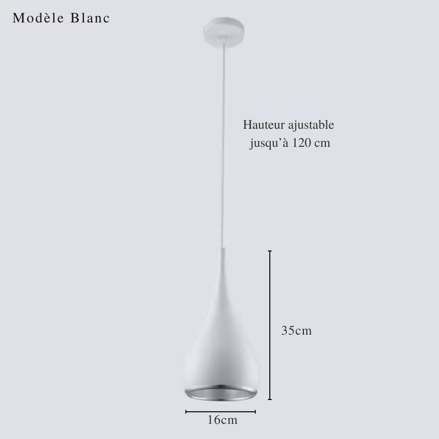 Version blanche de la suspension goutte en métal, 35 cm de hauteur sur 16 cm avec câble réglable jusqu’à 120 cm