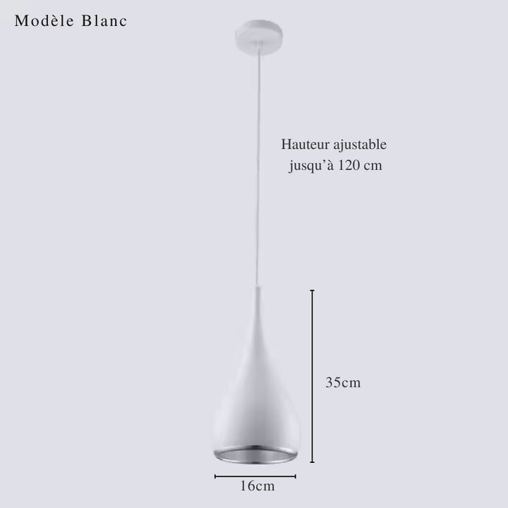 Version blanche de la suspension goutte en métal, 35 cm de hauteur sur 16 cm avec câble réglable jusqu’à 120 cm