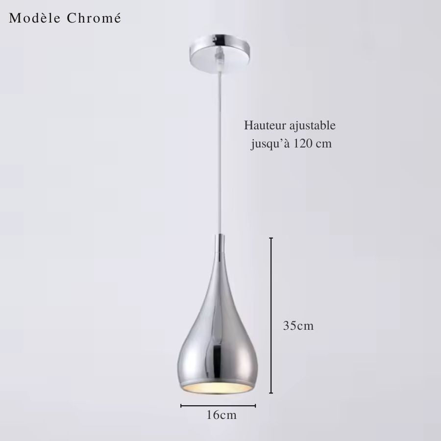 Dimensions de la suspension goutte en métal chromé, 35 cm de haut et 16 cm de large avec câble ajustable à 120 cm