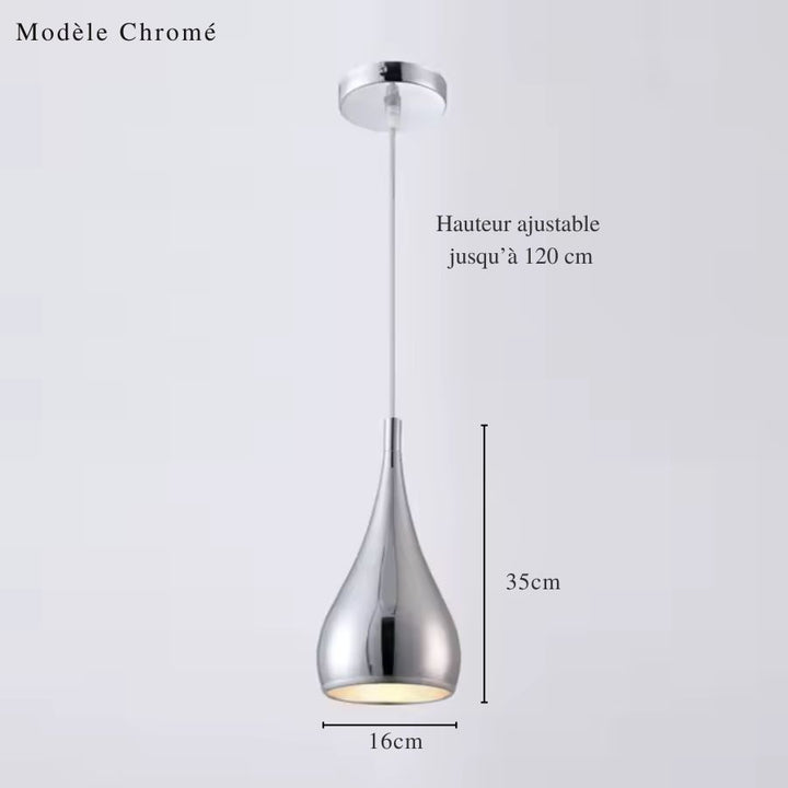 Dimensions de la suspension goutte en métal chromé, 35 cm de haut et 16 cm de large avec câble ajustable à 120 cm