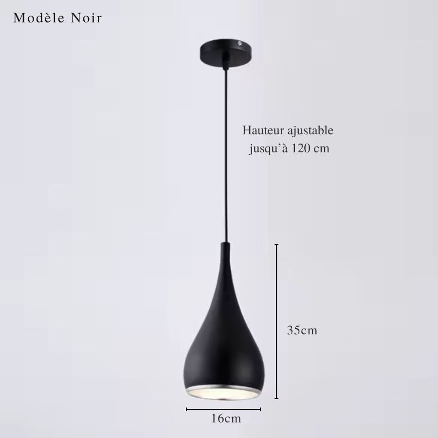 Suspension goutte noire en métal avec dimensions de 35 × 16 cm et hauteur de câble ajustable jusqu’à 120 cm