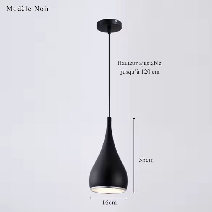 Suspension goutte noire en métal avec dimensions de 35 × 16 cm et hauteur de câble ajustable jusqu’à 120 cm