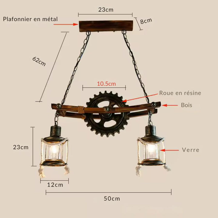 Dimensions d’une suspension industrielle en bois et verre avec roue dentée, chaînes et lanternes au style rétro