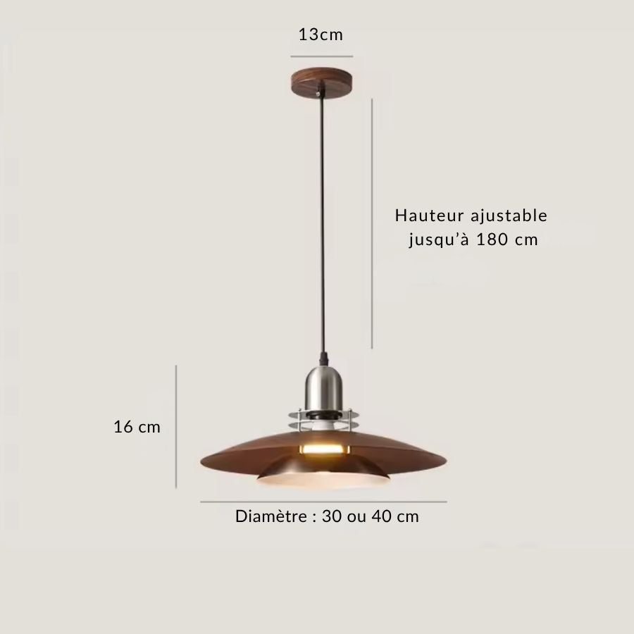 Dimensions de la suspension en métal effet noyer : diamètre 30 ou 40 cm et hauteur réglable jusqu’à 180 cm.