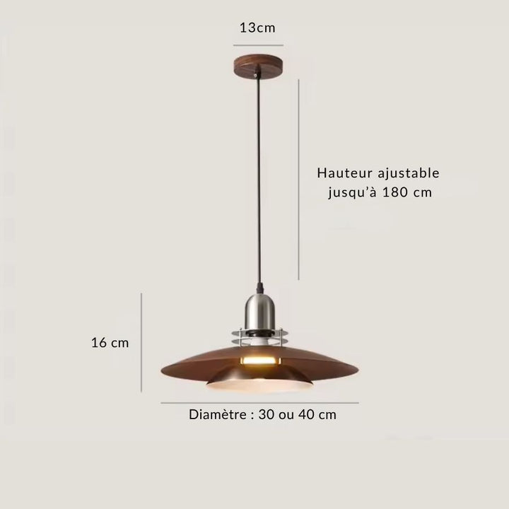 Dimensions de la suspension en métal effet noyer : diamètre 30 ou 40 cm et hauteur réglable jusqu’à 180 cm.
