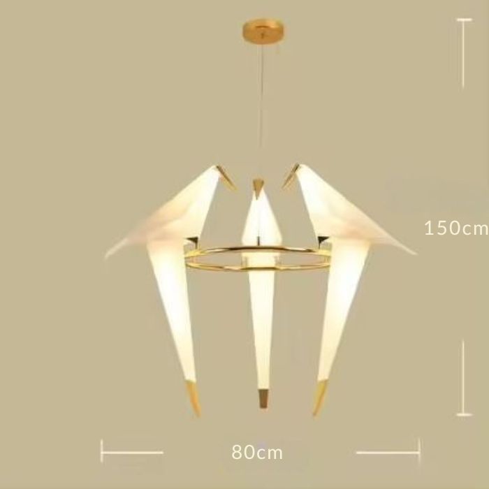 Dimensions de la suspension oiseau origami circulaire avec trois oiseaux : hauteur 150 cm, diamètre 80 cm, design élégant.