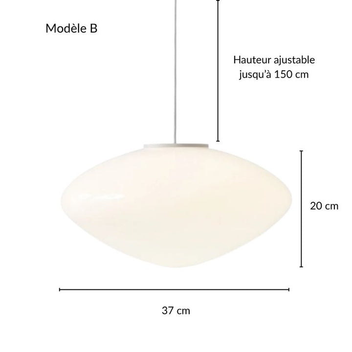 Illustration des dimensions du modèle B de la suspension en verre opalin, design scandinave ajustable.