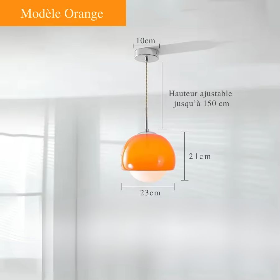Dimensions du modèle orange à globe opalin, suspension rétro réglable en hauteur jusqu’à 150 cm