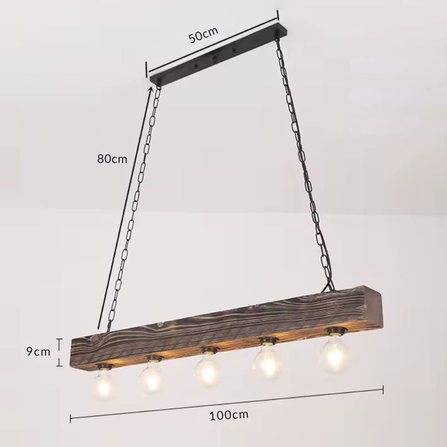 Dimensions d’une suspension poutre en bois de 100 cm à cinq ampoules, avec chaînes au style industriel rustique