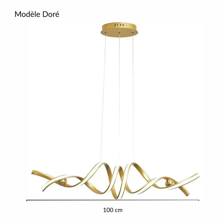 Schéma technique sur fond blanc détaillant les dimensions de la suspension dorée à ruban LED torsadé.