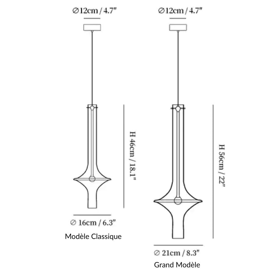 Dimensions des suspensions totem en verre sculptural, avec modèle classique et grand modèle aux lignes élancées