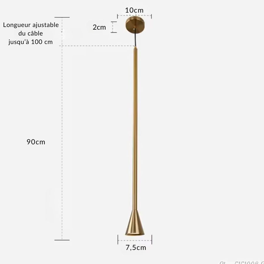 Format élancé en métal doré de 90 cm, avec embout trompette et câble réglable jusqu’à 100 cm