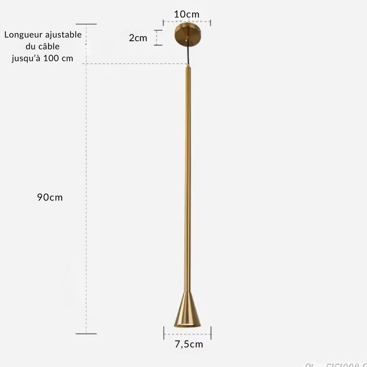 Format élancé en métal doré de 90 cm, avec embout trompette et câble réglable jusqu’à 100 cm