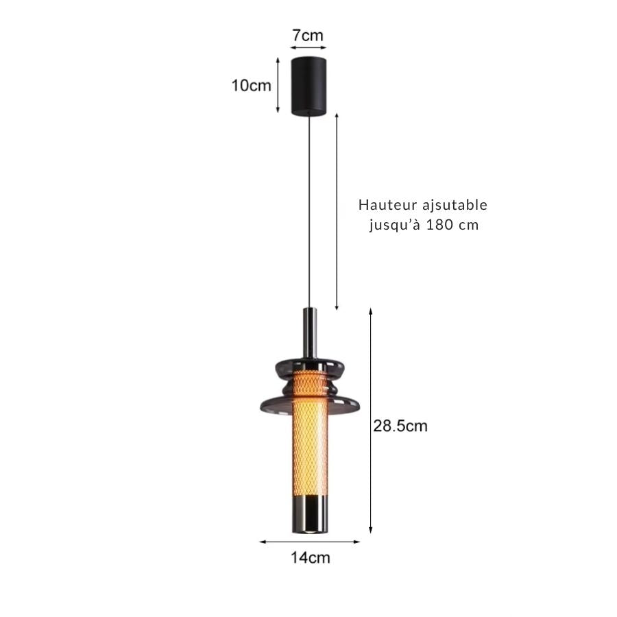 Dimensions du luminaire tubulaire en verre fumé : 28,5 cm de haut avec câble réglable jusqu’à 180 cm