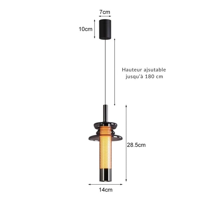 Dimensions du luminaire tubulaire en verre fumé : 28,5 cm de haut avec câble réglable jusqu’à 180 cm