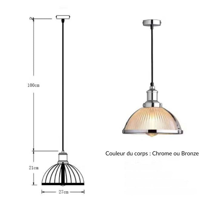 Schéma et dimensions de la suspension en verre strié, disponible en finitions chrome ou bronze, avec hauteur ajustable pour tout intérieur.