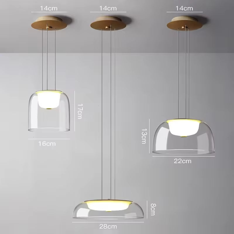 Comparatif des trois formats de suspension en verre transparent à diffuseur opalin, de 16 à 28 cm de largeur