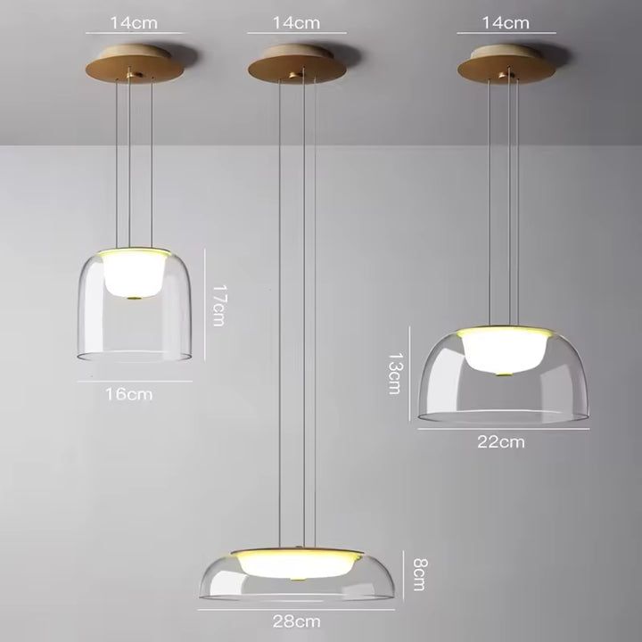 Comparatif des trois formats de suspension en verre transparent à diffuseur opalin, de 16 à 28 cm de largeur
