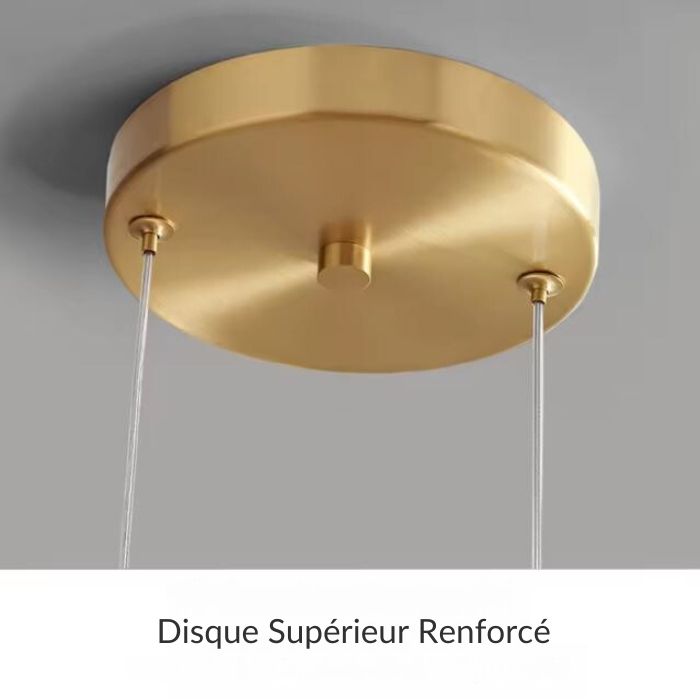 Disque supérieur renforcé en métal doré pour suspension en verre ambré, offrant stabilité et design moderne.