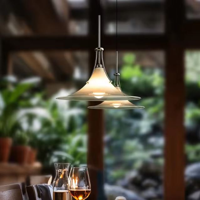 Duo de suspensions en verre blanc évasé, entre vintage italien, modernisme raffiné et élégance minimaliste.