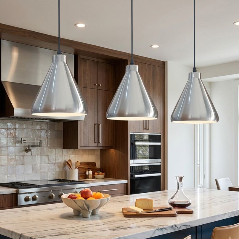 Salle à manger moderne avec suspensions en métal brossé design.