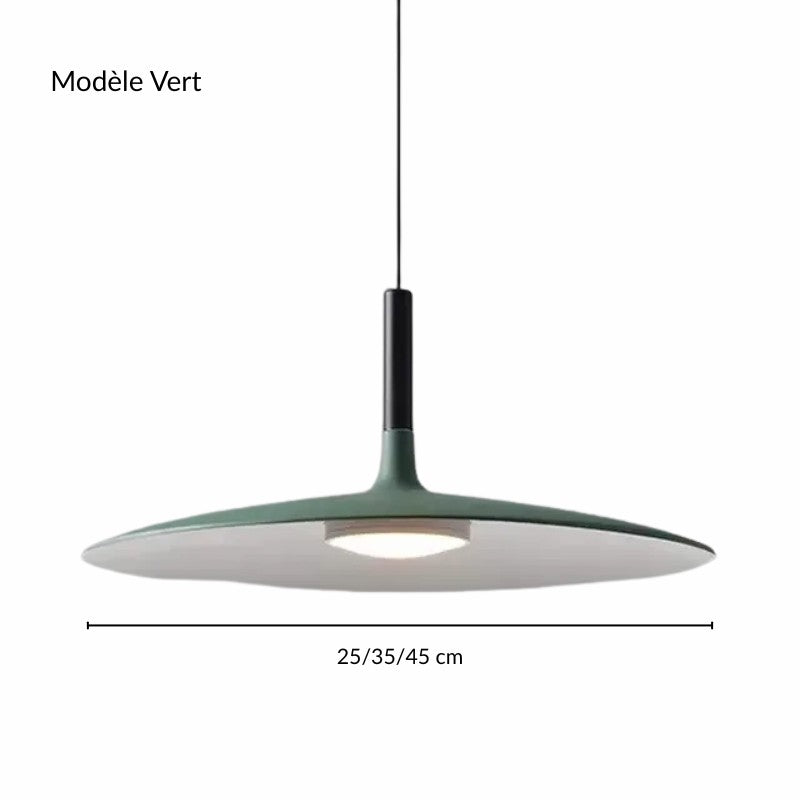 Fiche produit studio : suspension plate évasée vert forêt en métal peint sur fond clair.
