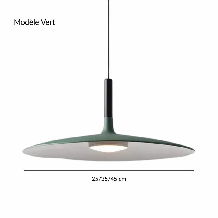 Fiche produit studio : suspension plate évasée vert forêt en métal peint sur fond clair.