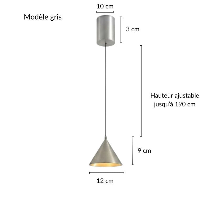 Schéma technique détaillant les dimensions et la hauteur réglable de la suspension conique grise en métal.