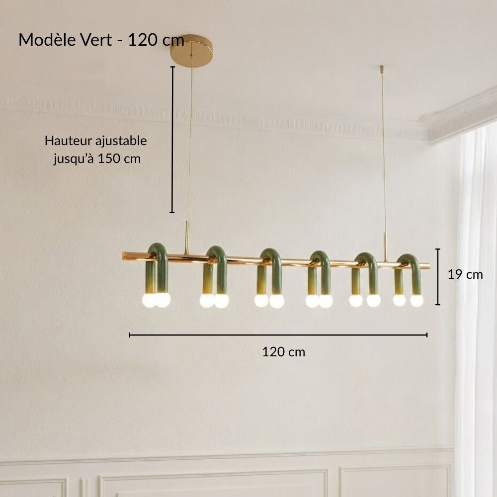 Fiche technique détaillée indiquant les mesures et hauteurs de la suspension vert et doré à arches multiples en version 120 cm