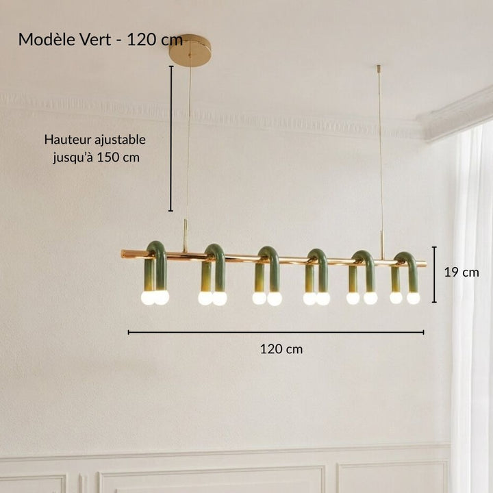 Fiche technique détaillée indiquant les mesures et hauteurs de la suspension vert et doré à arches multiples en version 120 cm