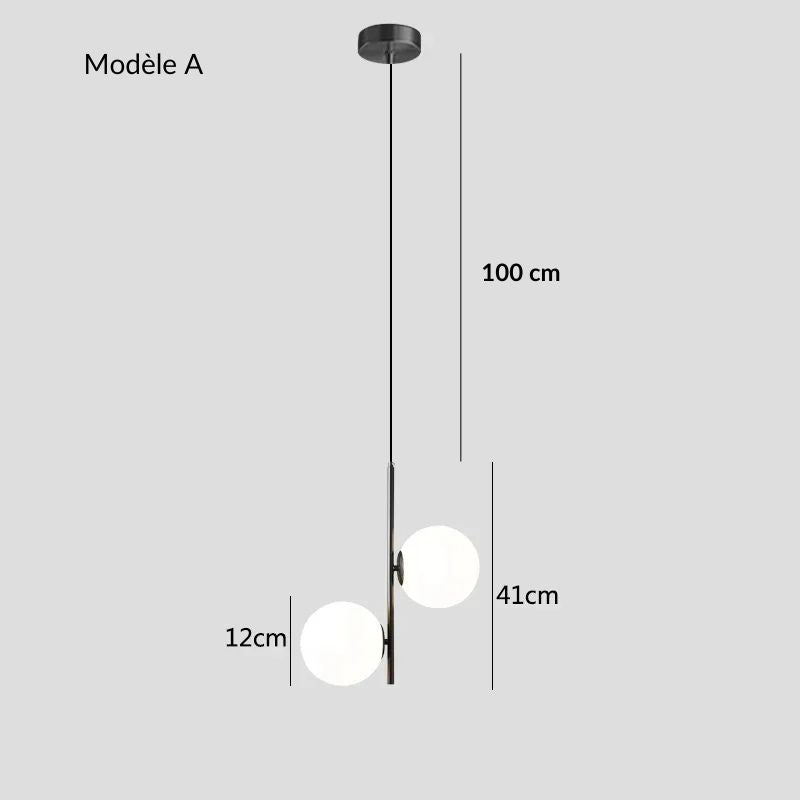 Fiche technique détaillée présentant les proportions du modèle A de la suspension LED.
