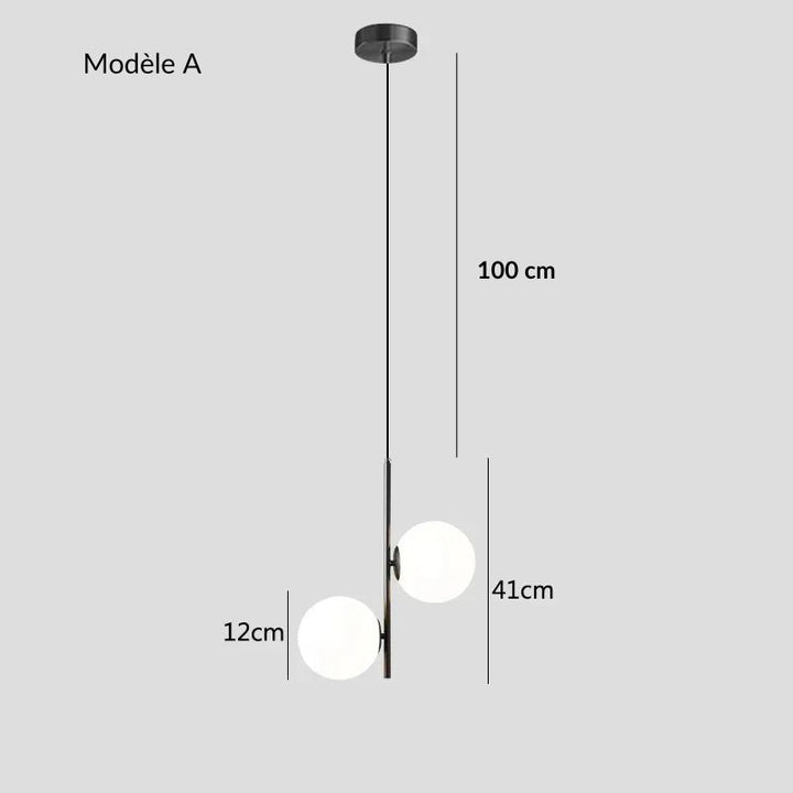 Fiche technique détaillée présentant les proportions du modèle A de la suspension LED.