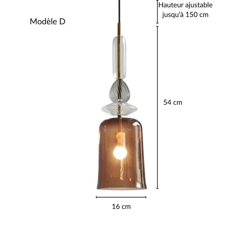 Plan technique et dimensions détaillées d'une suspension design en verre fumé, style moderne.