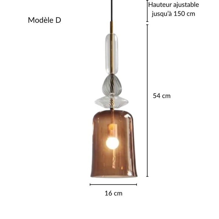 Plan technique et dimensions détaillées d'une suspension design en verre fumé, style moderne.