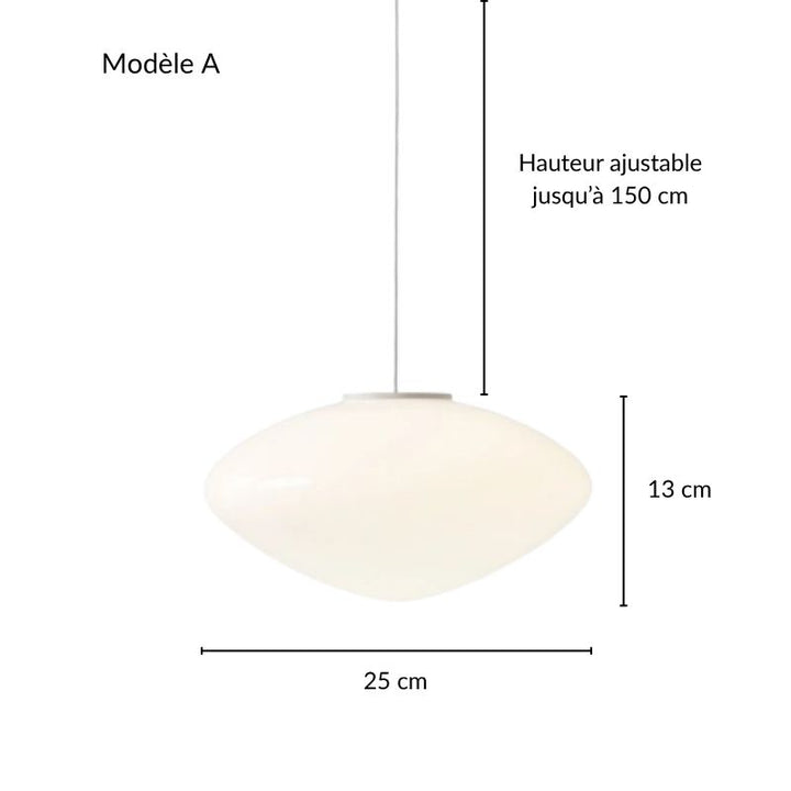 Schéma technique de la suspension scandinave en verre opalin, modèle A avec dimensions et hauteur.