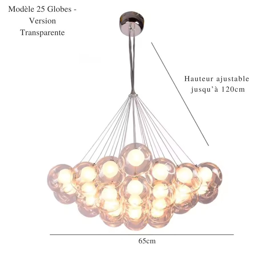 Ensemble de 25 bulles de verre transparent formant un lustre moderne de 65 cm, aux lignes fluides et organiques.